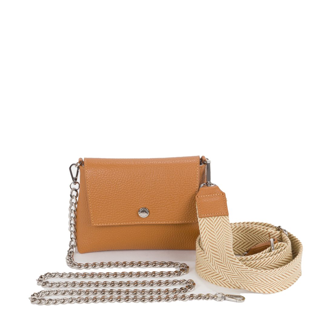 pochette piccola in pelle con catenina lunga e tracolla regolabile in tessuto
