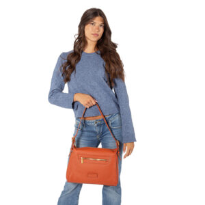 Borsa a spalla in pelle da donna con manico regolabile e zip di sicurezza - arancione