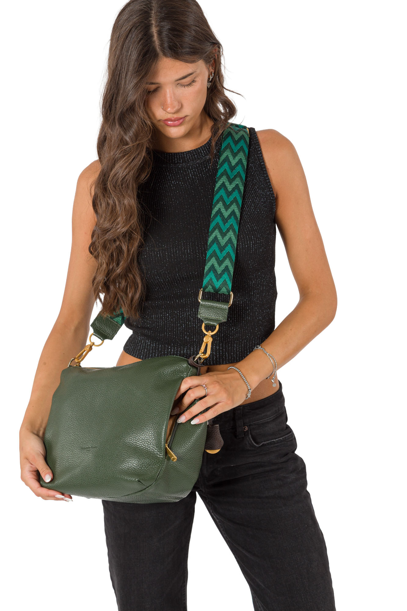 Sacca a spalla in pelle da donna, con tasche laterali e tracolla in tessuto regolabile art. D27311 di Pelletteria Veneta