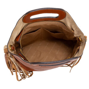 Borsa a mano in pelle con concia vegetale e frange decorative. Mod. F27208 di Pelletteria Veneta