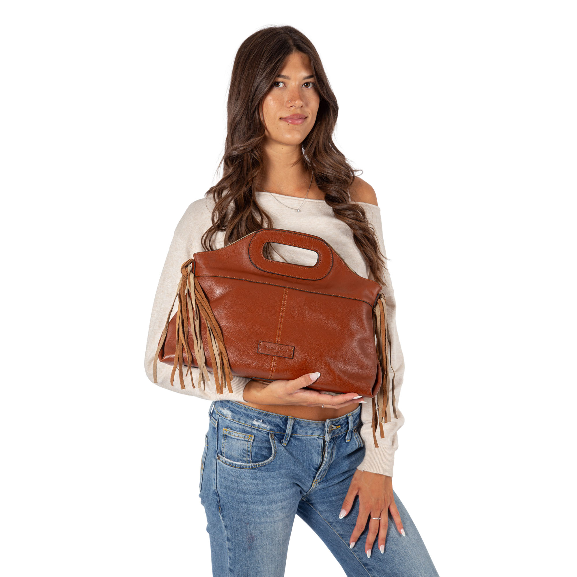 Women's Leather Handbag with Integrated Handles and Fringe F27209 - Image 7