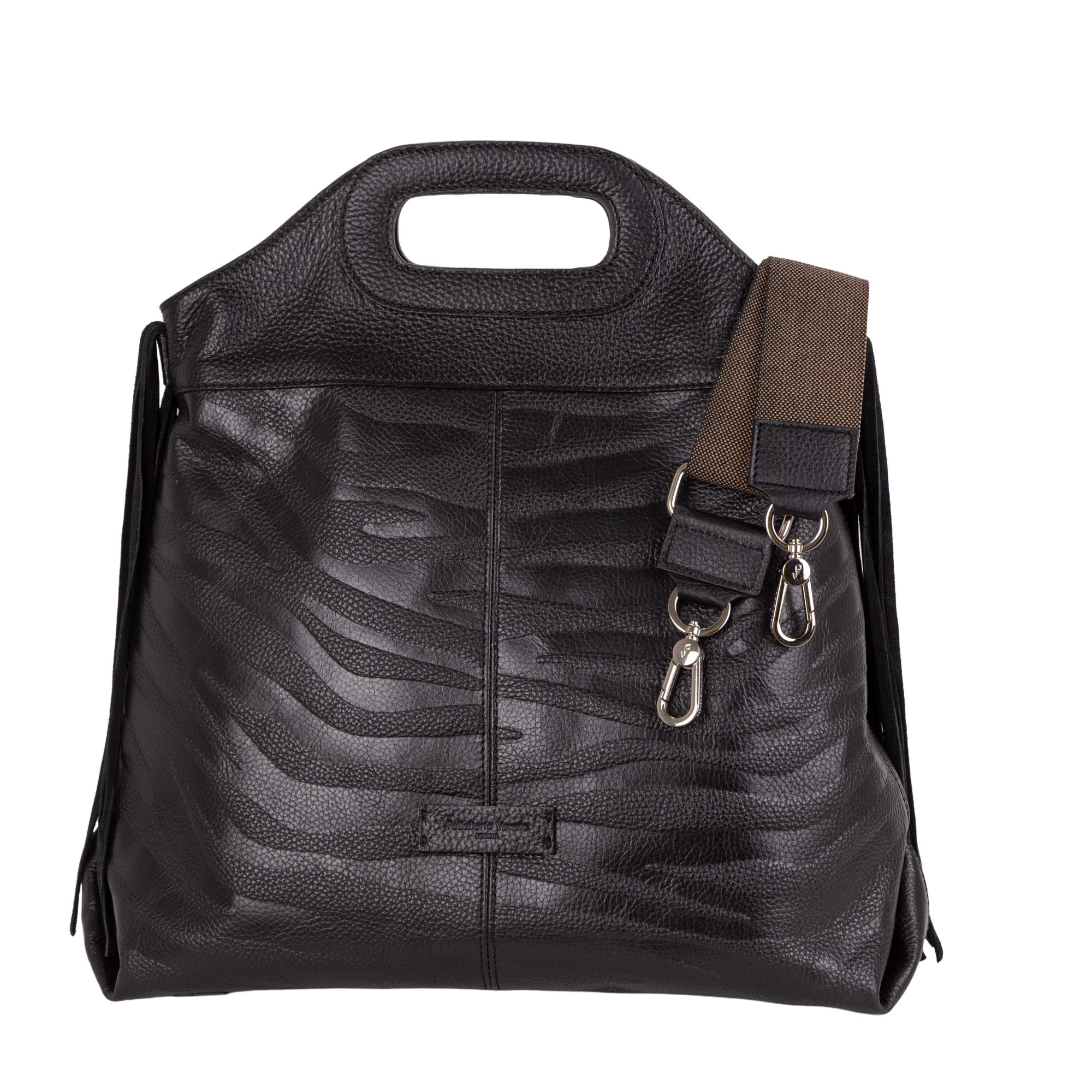 Borsa a mano in pelle bottanalata stampata con motivo zebrato e frange decorative. Mod. Z27208 di Pelletteria Veneta