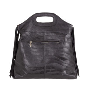 Borsa a mano in pelle bottanalata stampata con motivo zebrato e frange decorative. Mod. Z27208 di Pelletteria Veneta