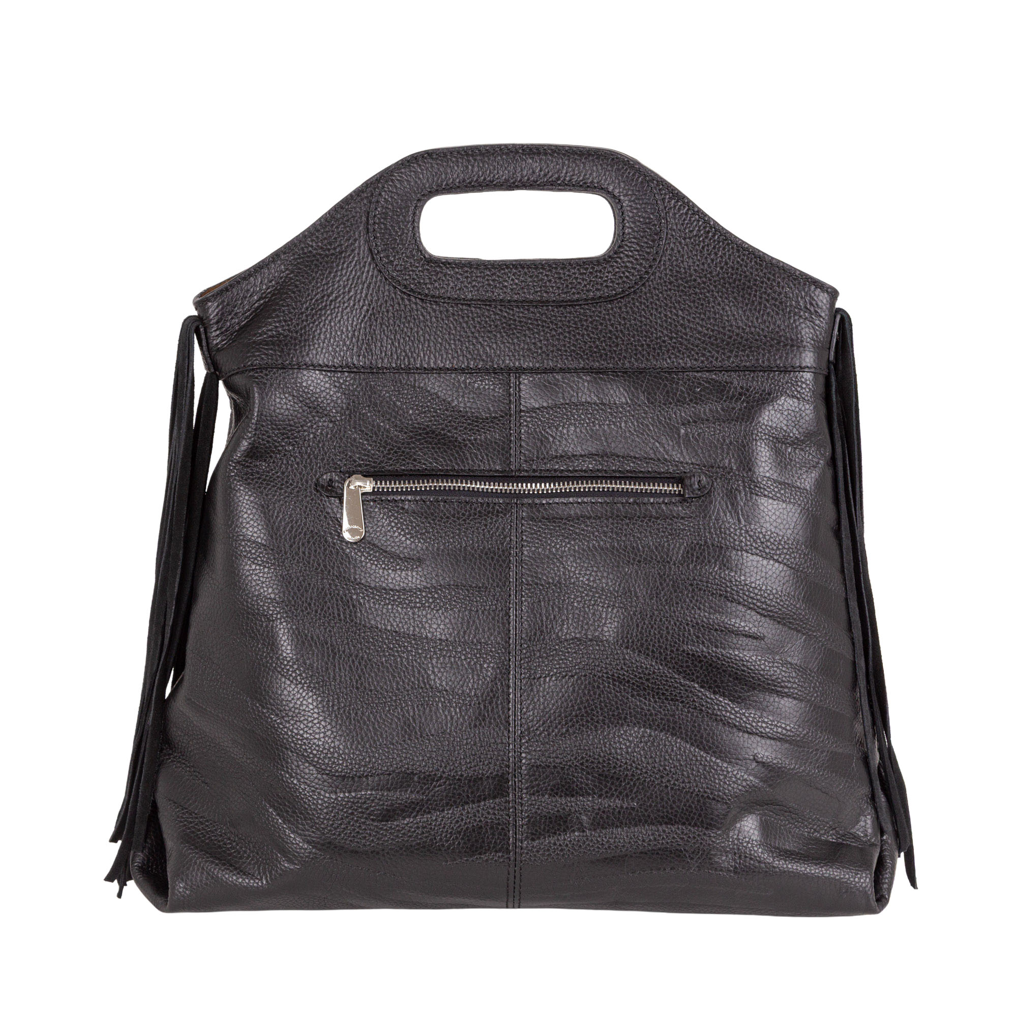 Borsa a mano in pelle bottanalata stampata con motivo zebrato e frange decorative. Mod. Z27208 di Pelletteria Veneta