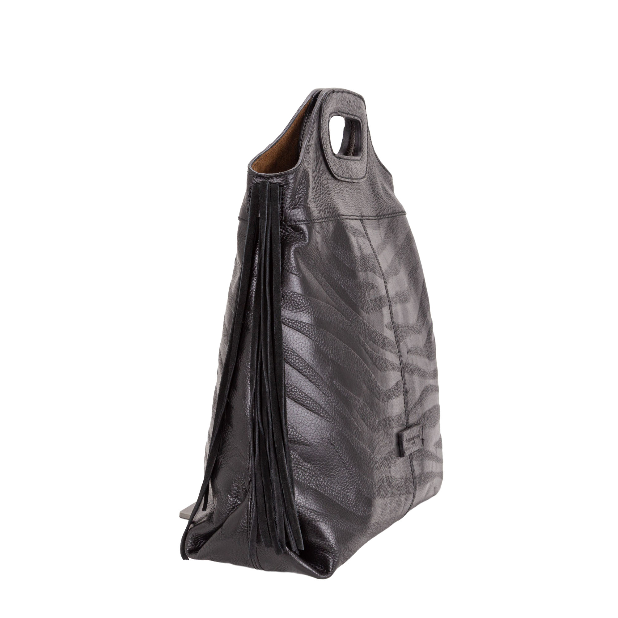 Borsa a mano in pelle bottanalata stampata con motivo zebrato e frange decorative. Mod. Z27208 di Pelletteria Veneta