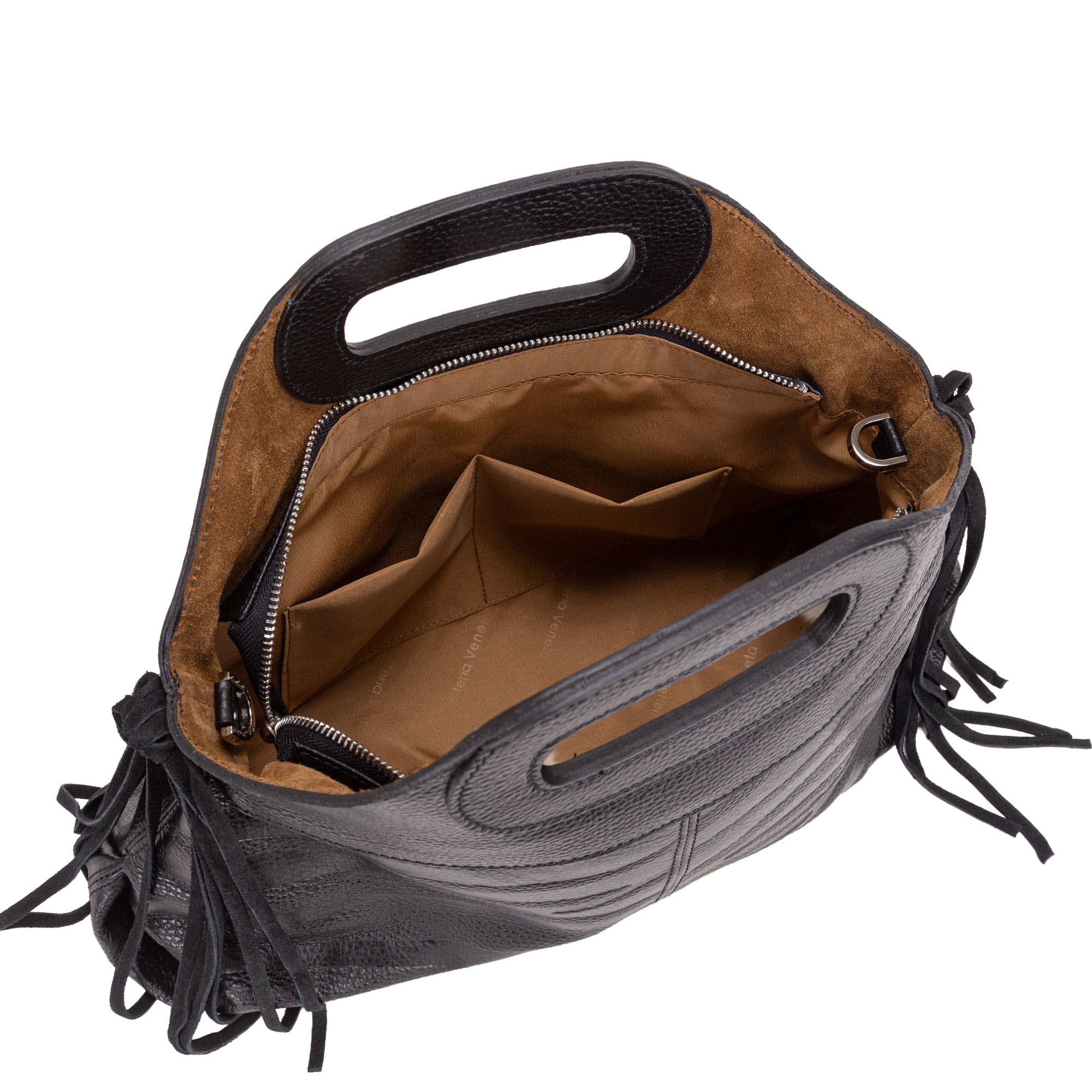 Borsa a mano in pelle bottanalata stampata con motivo zebrato e frange decorative. Mod. Z27208 di Pelletteria Veneta
