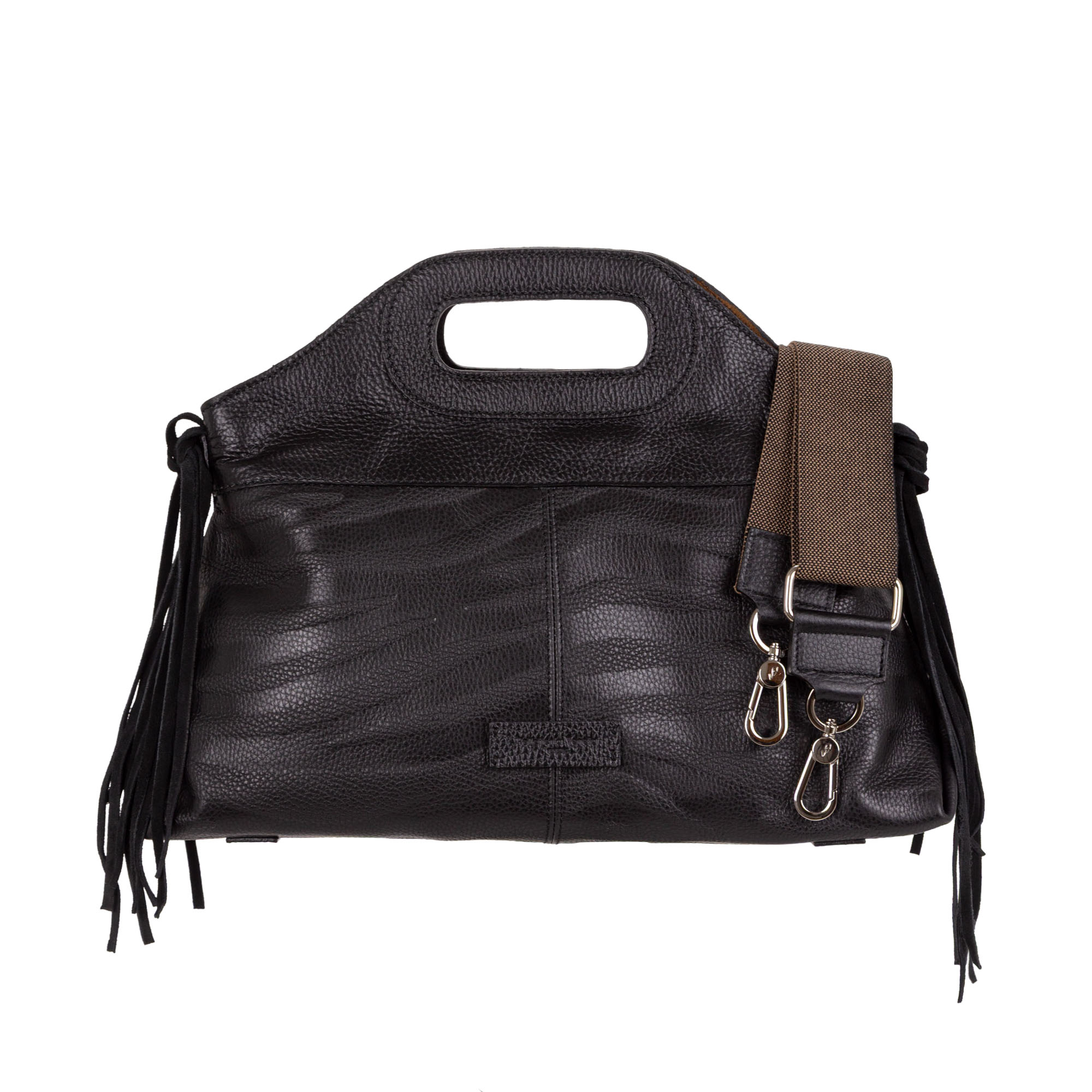 Borsa a mano in pelle bottanalata stampata con motivo zebrato e frange decorative. Mod. Z27209 di Pelletteria Veneta