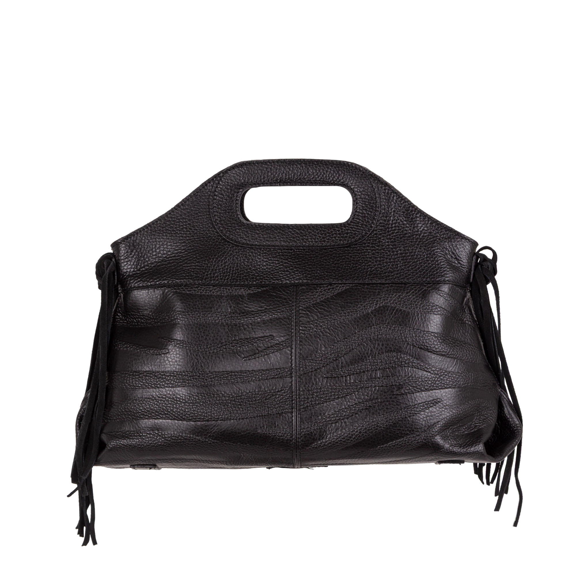Borsa a mano in pelle bottanalata stampata con motivo zebrato e frange decorative. Mod. Z27209 di Pelletteria Veneta