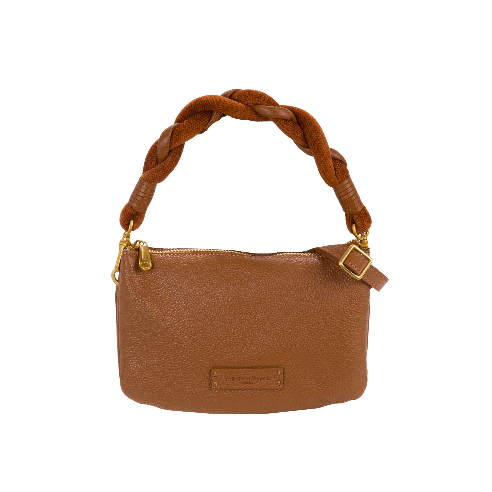Compact Italian Leather Pochette with Braided Handle V27619
