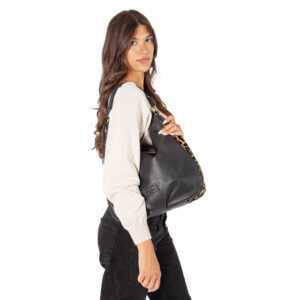 Alternative view of Women's Leather Shoulder Bag with Woven Handle and Animal Print Gusset CAV26502