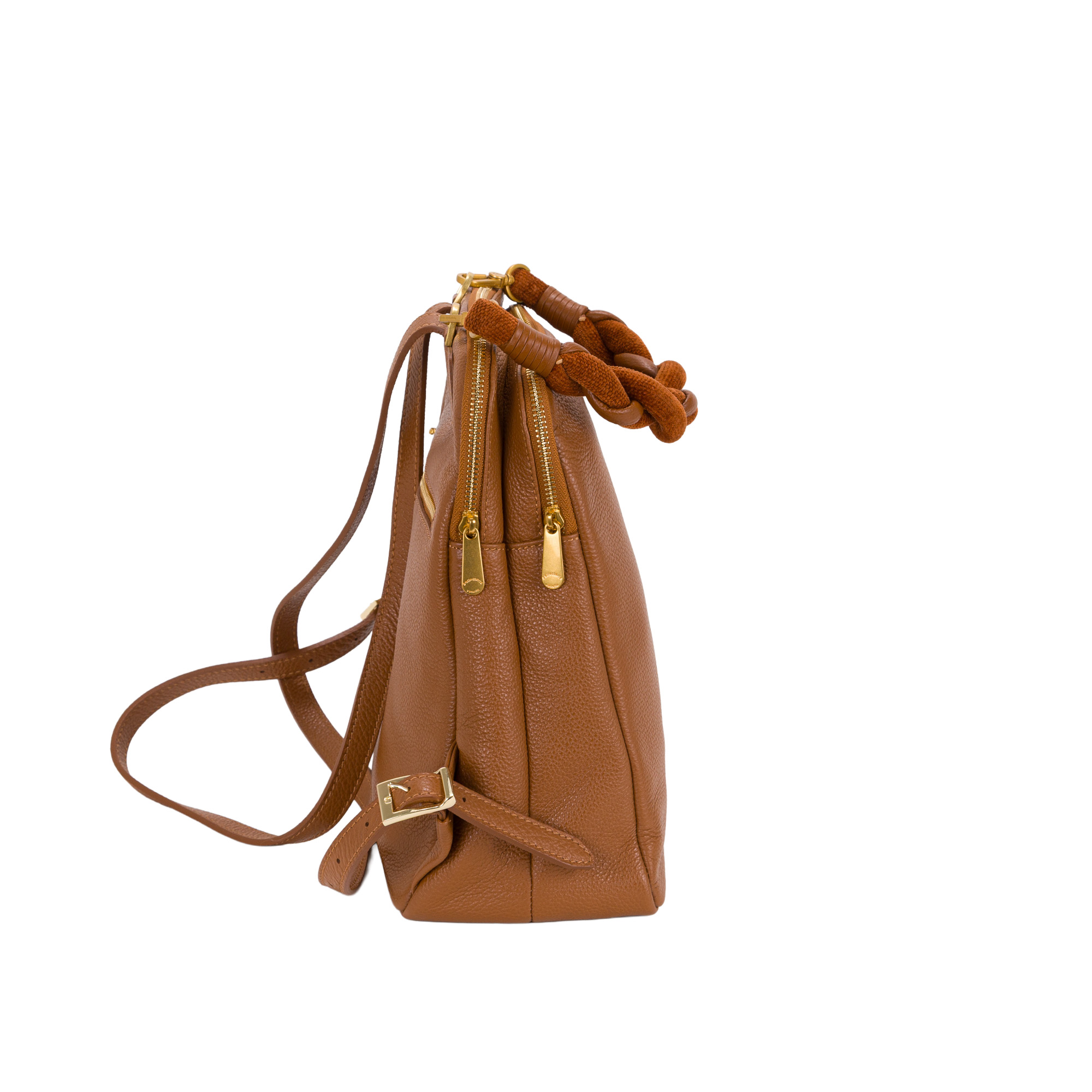 Zaino in pelle da donna con manico intrecciato in pelle e ciniglia di Pelletteria Veneta